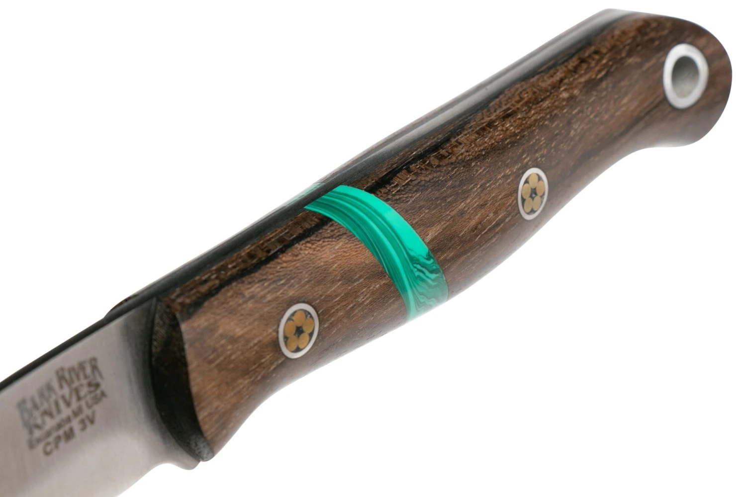 Bark River Ultra-Lite Bushcrafter CPM 3V Zericote, Jade Malachite Spacer, Black Liners, Mosaic Pins 5 Bark River Ultra-Lite Bushcrafter CPM 3V Zericote, Jade Malachite Spacer, Black Liners, Mosaic Pins – Image 5