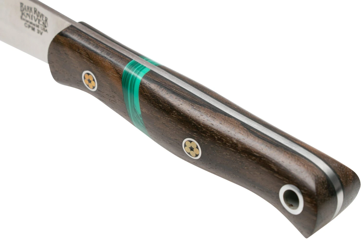 Bark River Ultra-Lite Bushcrafter CPM 3V Zericote, Jade Malachite Spacer, Black Liners, Mosaic Pins 6 Bark River Ultra-Lite Bushcrafter CPM 3V Zericote, Jade Malachite Spacer, Black Liners, Mosaic Pins – Image 6
